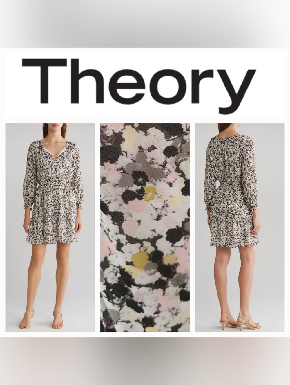 Theory Silk Crepe Dress Smocked Long Sleeve Urban Multi Floral Sz L Black/Pink